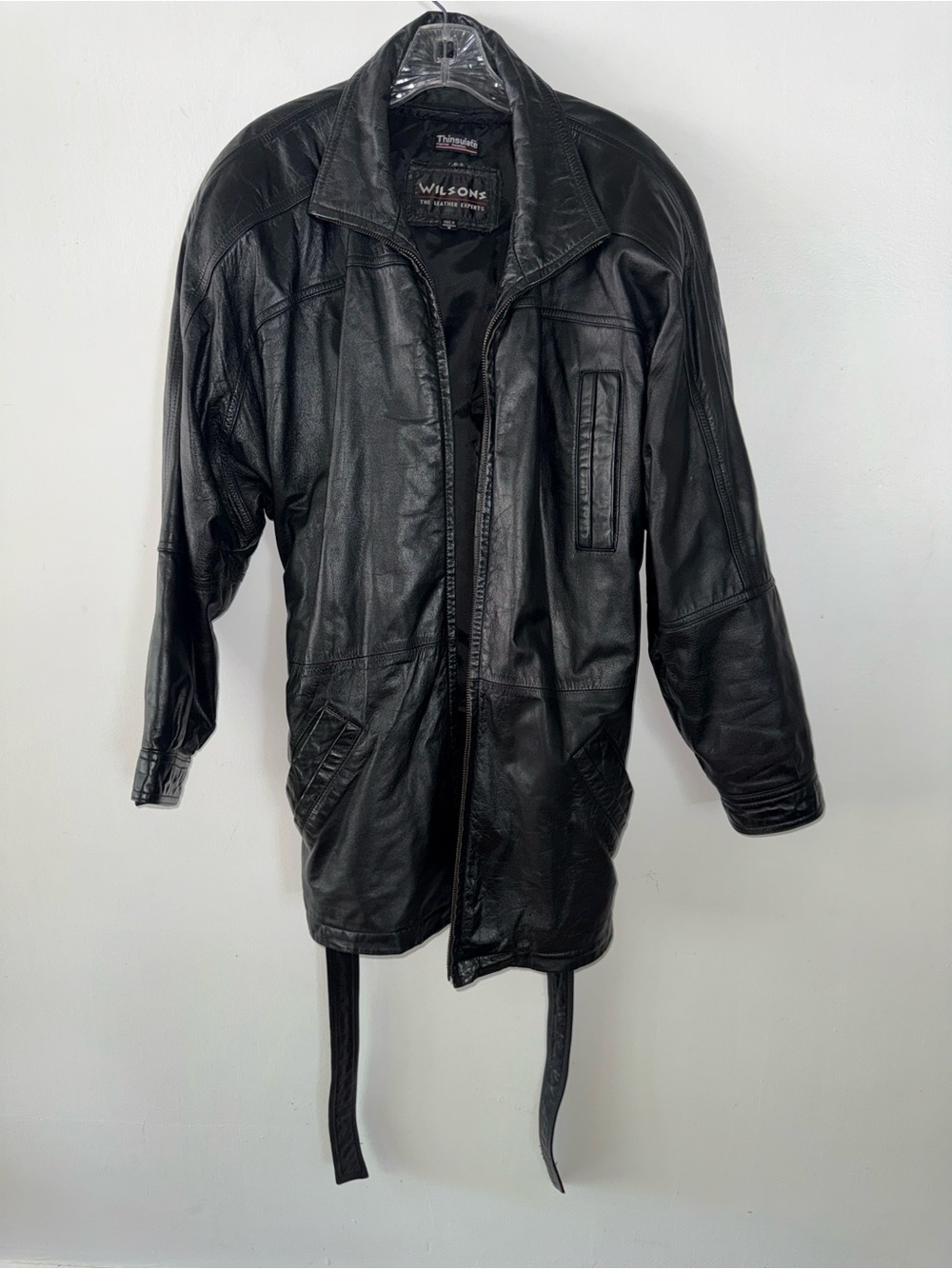 Vintage Wilson leather black‎ Mid Length Car Coat Jacket, Thinsulated Size:S